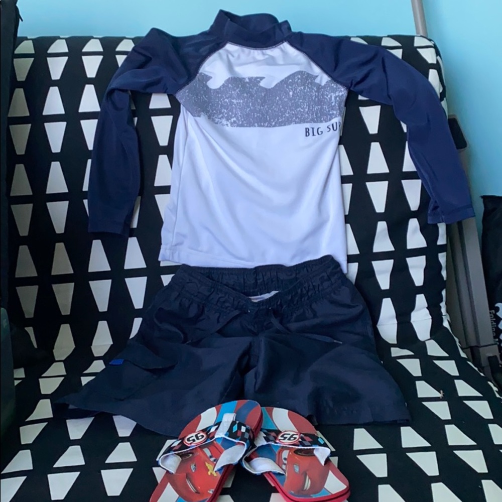Boys swim trunks & Rash guard & bonus flip flops